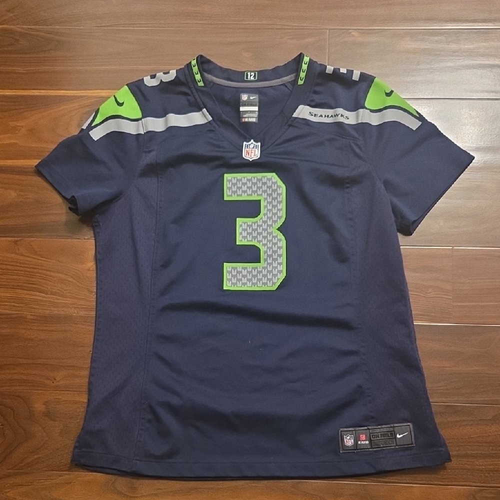 Nike Seattle Seahawks #3 Wilson Navy & Lime Green Football Jersey, Women's Large